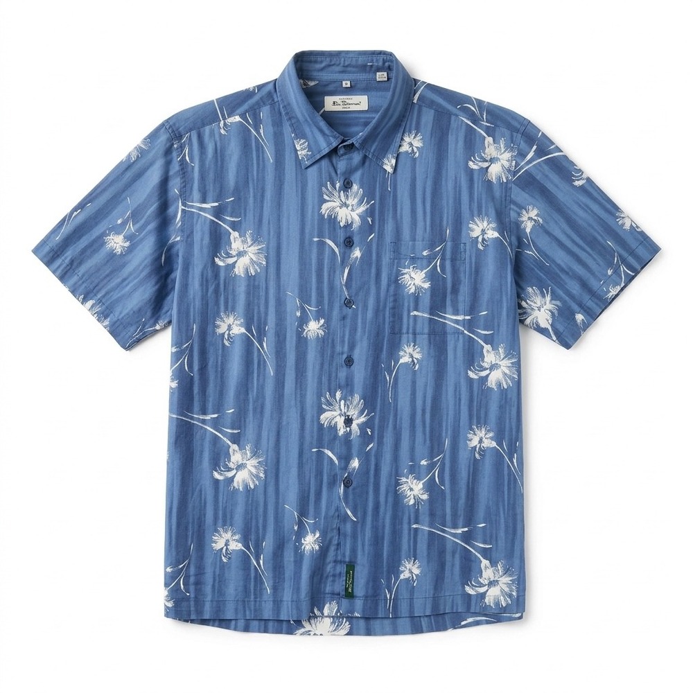 Ben Sherman Mens 4 XL Blue Floral Stripe Short Sleeve Button Down Shirt Tropical